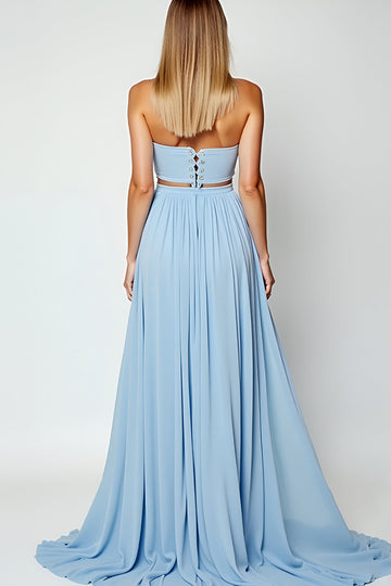Bleu découpé A-ligne Sweetheart longue robe d’invité de mariage avec fente